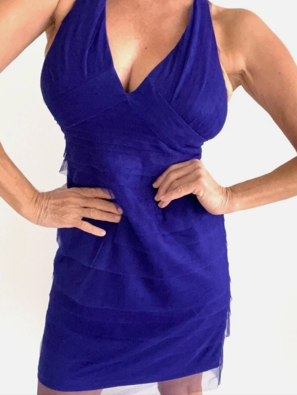 Adrianna Papell Cobalt Blue Dress with Nude Beaded Lace Trim